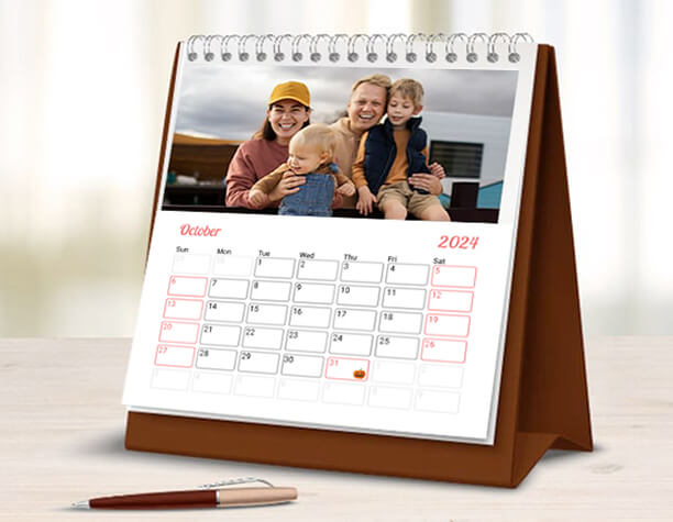 Family photo with pet printed on desk calendar